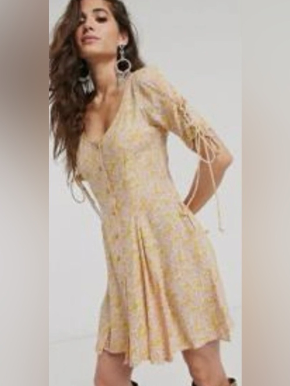 FREE PEOPLE Laced Up Mini Yellow & Pink Viscose Floral Dress